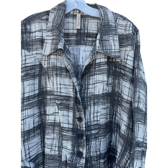 Cynthia Ashby Women's L Large gray plaid Linen longsleeve button up dress - Picture 11 of 13